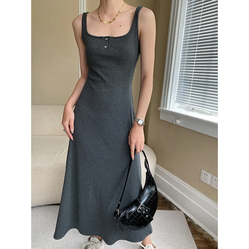 Slim Fit Dress with Two Button Up Square Neckline in Strap Style Medium Length Skirt
Slim Fit Dress with Two Button Up Square Neckline in Strap Style Medium Length Skirt