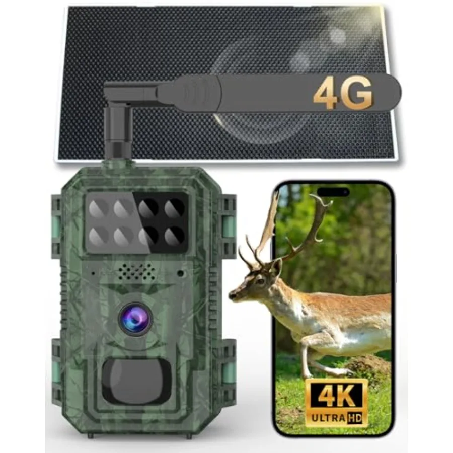 Wildlife monitoring trail camera for hunting: 4G cellular, 4K 48MP wide-angle 120 lens, black, solar-powered with IP68 waterpro
Wildlife monitoring trail camera for hunting: 4G cellular, 4K 48MP wide-angle 120 lens, black, solar-powered with IP68 waterpro