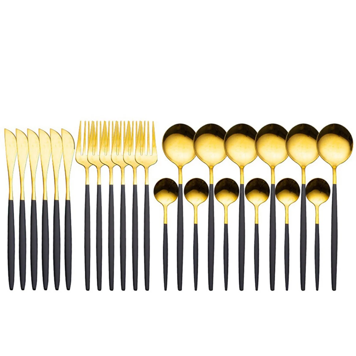 24Pcs Stainless Steel Dinnerware Set Cutlery Spoon Fork Knife Western Cutleri Silverware Flatware,Black-Gold
24Pcs Stainless Steel Dinnerware Set Cutlery Spoon Fork Knife Western Cutleri Silverware Flatware,Black-Gold