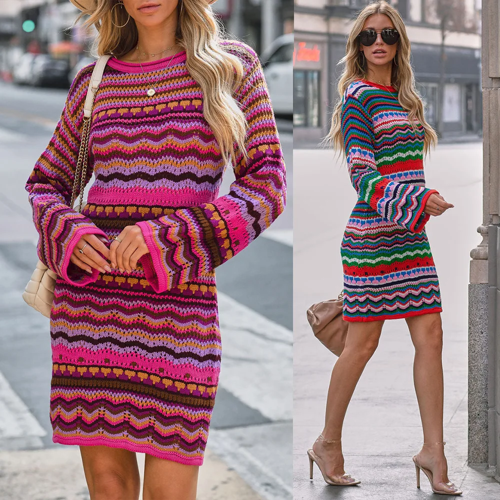 Women's knitted long sleeve dress 2022 autumn and winter rainbow slim mini dress hollow stitching sweater tight dress
Women's knitted long sleeve dress 2022 autumn and winter rainbow slim mini dress hollow stitching sweater tight dress