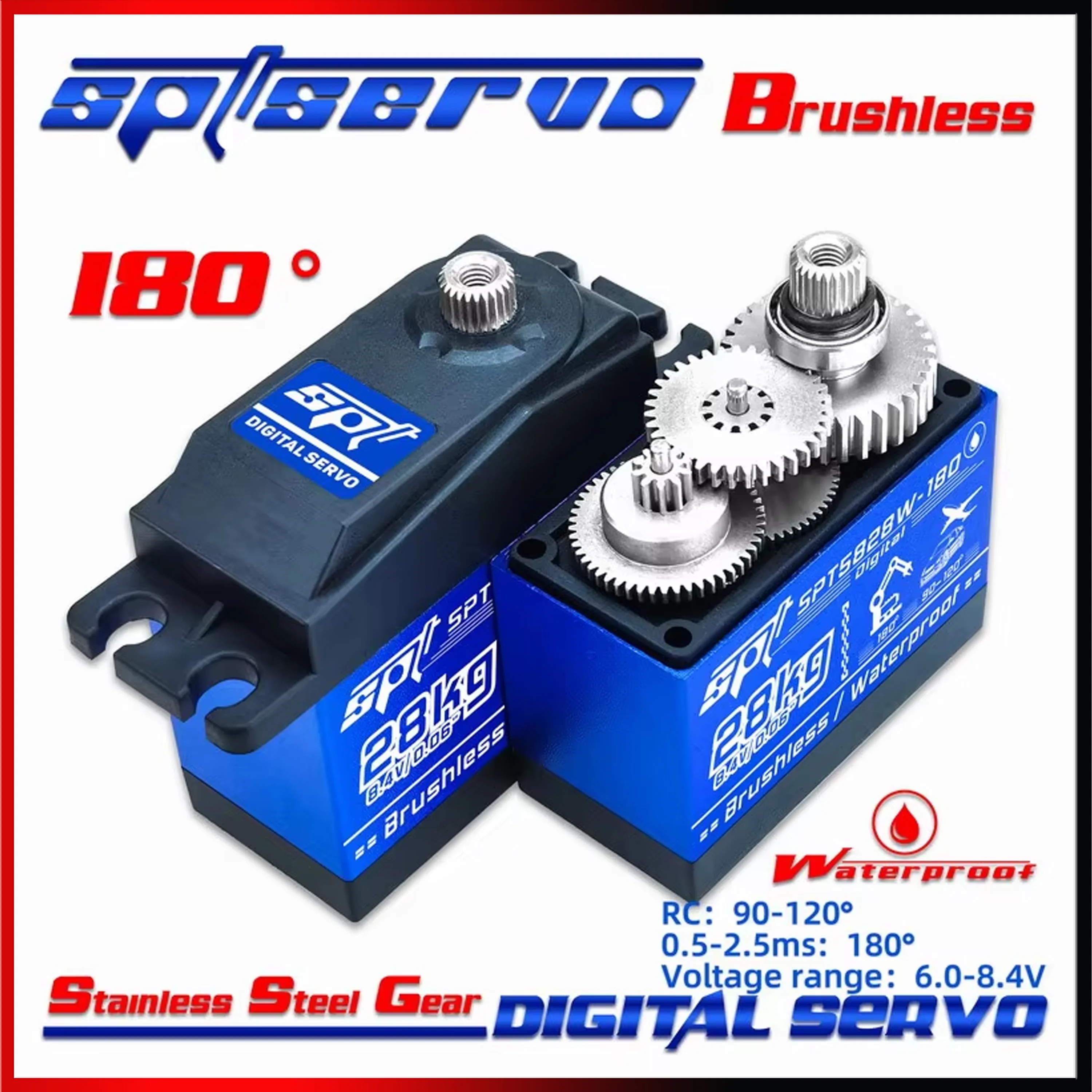 SPT5828W 28KG Large Torque Metal Gear Waterproof Digital Servo 180° Brushless Motor for 1/8 RC Car Robot Truck Manipulator Model
SPT5828W 28KG Large Torque Metal Gear Waterproof Digital Servo 180° Brushless Motor for 1/8 RC Car Robot Truck Manipulator Model