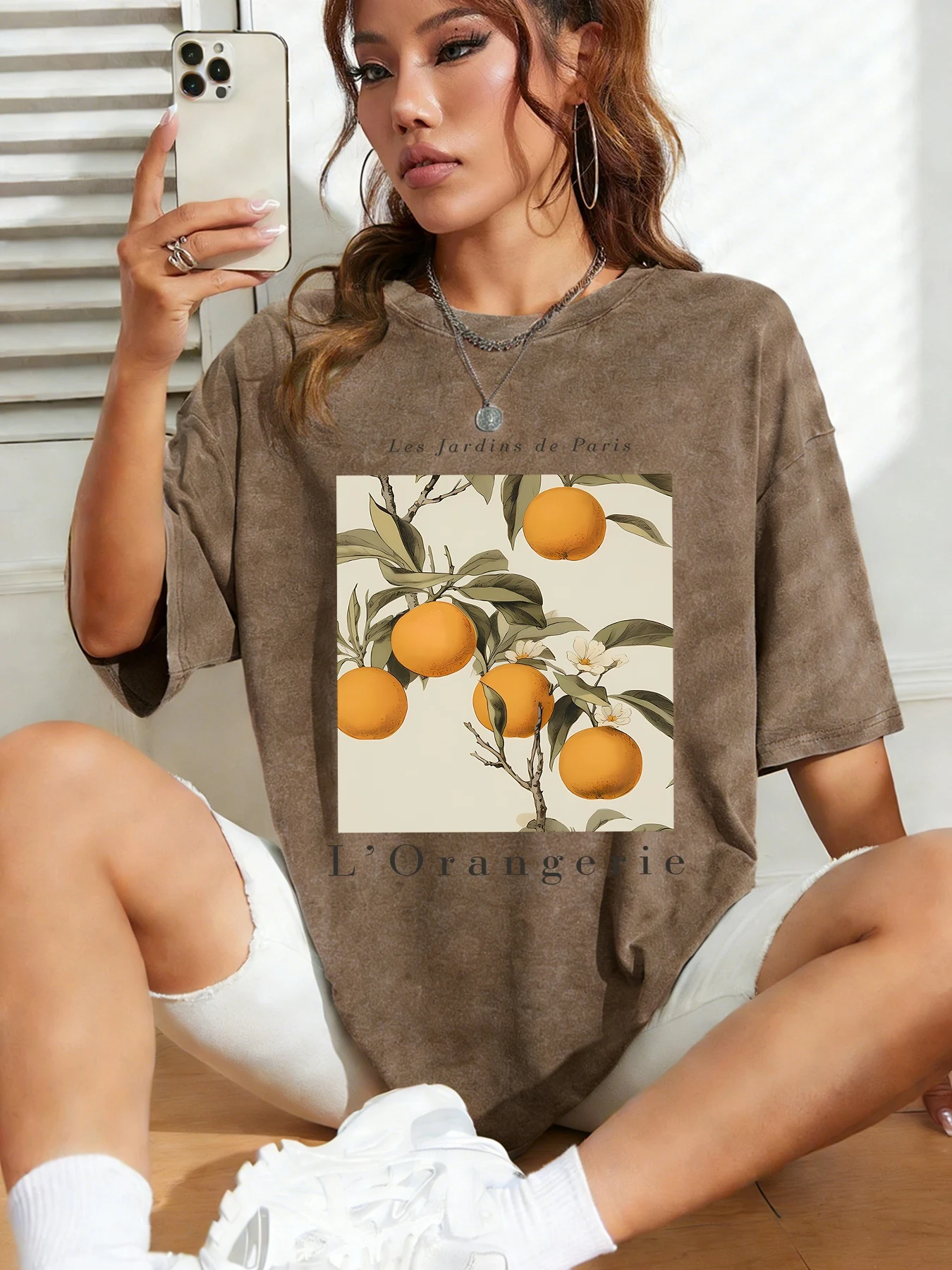 Female Baggy Washed Street Short Sleeve T-Shirt Les Jardins de Paris Orange Graphic L'Orangerie Print Relaxed Daily Top Clothes
Female Baggy Washed Street Short Sleeve T-Shirt Les Jardins de Paris Orange Graphic L'Orangerie Print Relaxed Daily Top Clothes