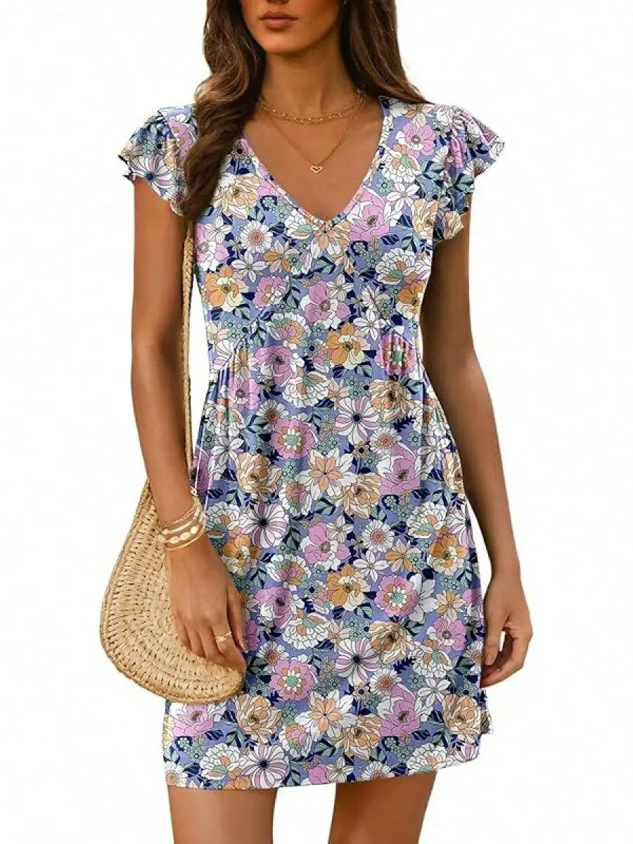 Womens Summer Floral Print Ruffle Sleeve Loose Sundress Casual V Neck Short Dress
Womens Summer Floral Print Ruffle Sleeve Loose Sundress Casual V Neck Short Dress