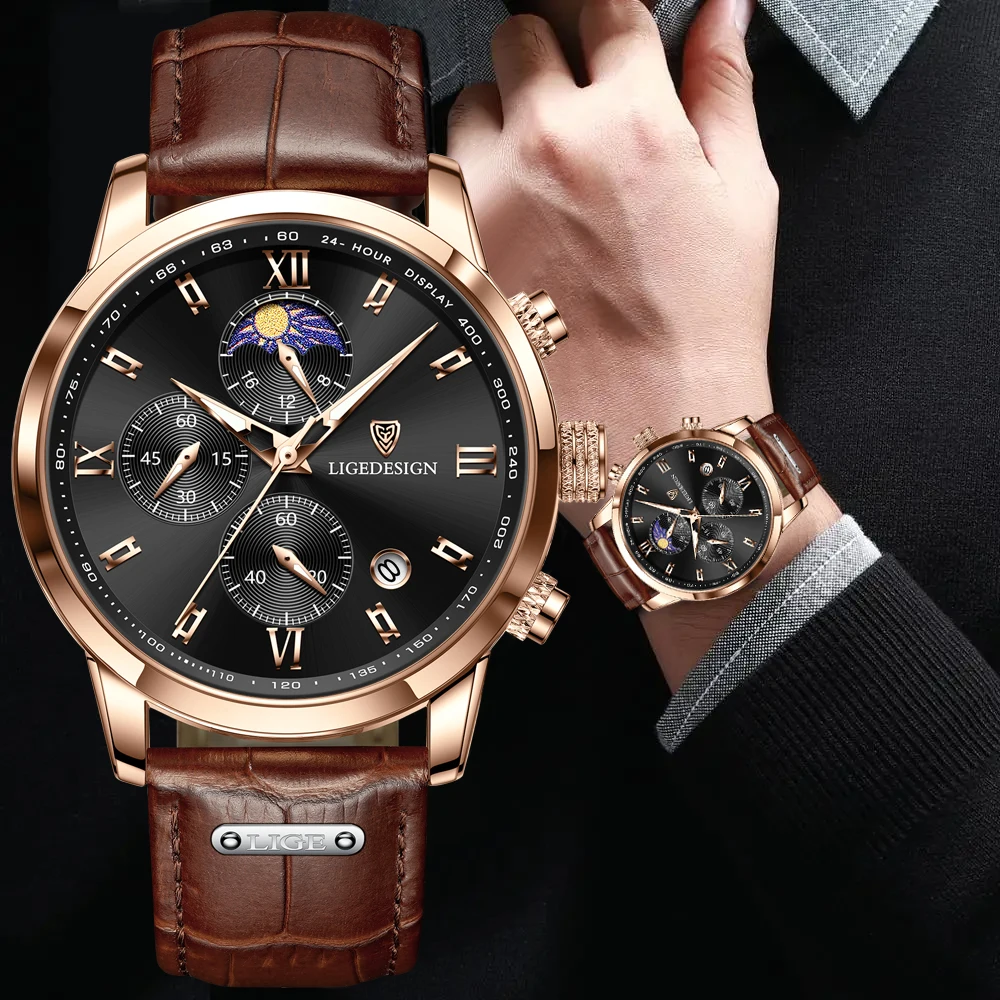 LIGE Fashion Men Watch Casual Brown Genuine Leather Watch For Men Sports Waterproof Moon Phase Chronograph Quartz Wristwatches
LIGE Fashion Men Watch Casual Brown Genuine Leather Watch For Men Sports Waterproof Moon Phase Chronograph Quartz Wristwatches