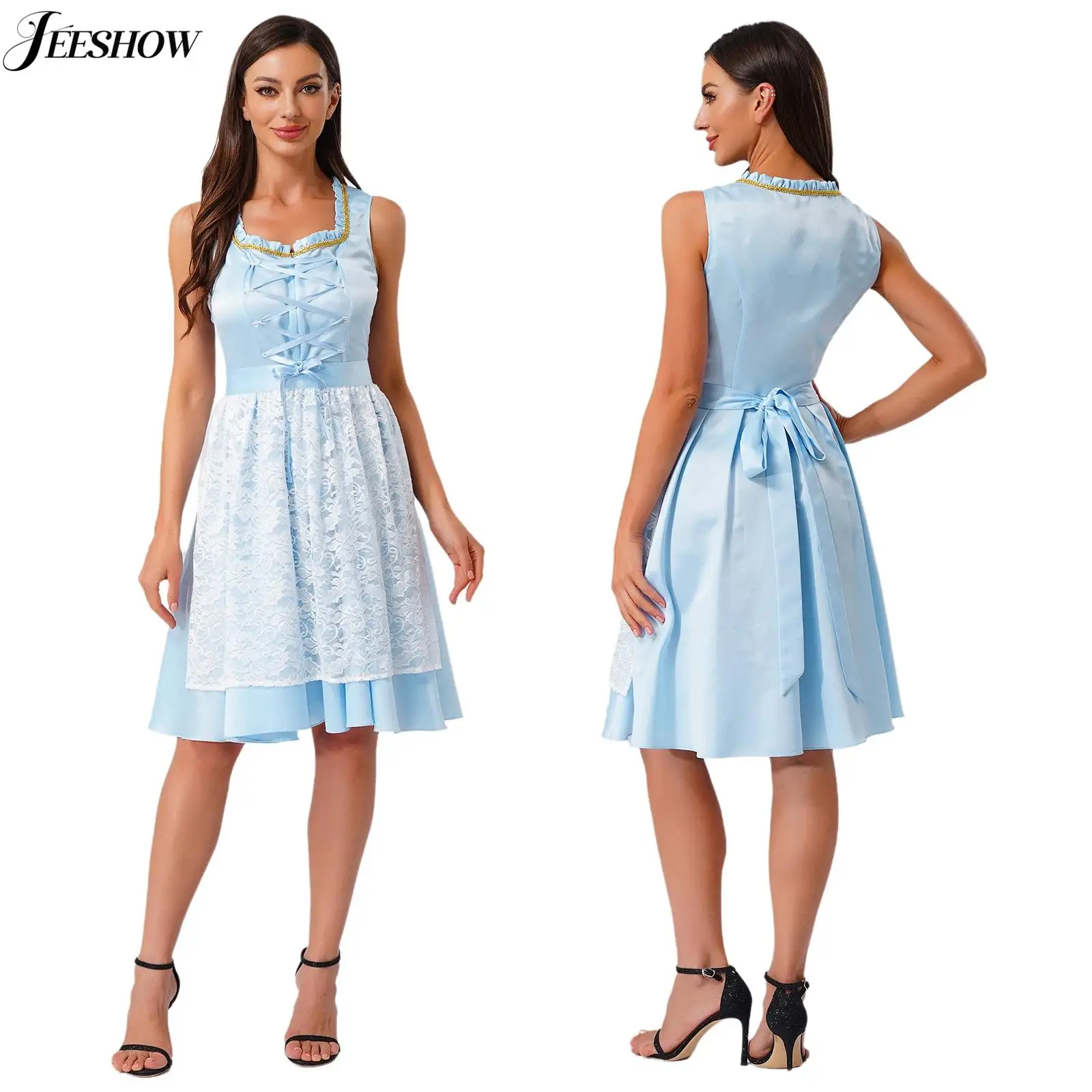 Womens German Bavarian Oktoberfest Costume Sleeveless Ruffled Front Lace-up Dirndl Dress with Lace Apron Halloween Party Outfits
Womens German Bavarian Oktoberfest Costume Sleeveless Ruffled Front Lace-up Dirndl Dress with Lace Apron Halloween Party Outfits