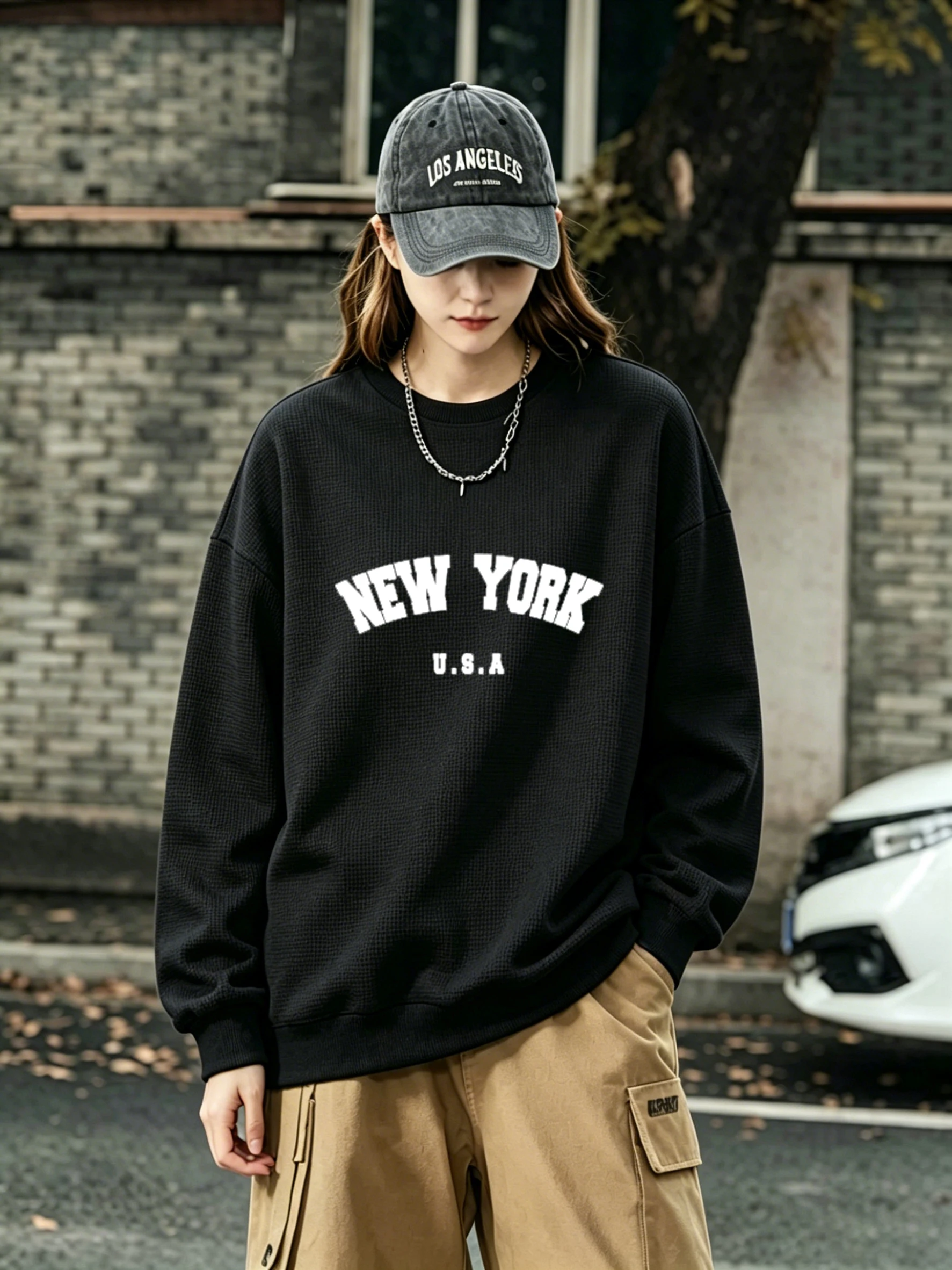 Women's Spring Autumn Black Waffle Ins Style Loose Sweatshirt, American "New York" Letter Pattern, Fashionable and Versatile
Women's Spring Autumn Black Waffle Ins Style Loose Sweatshirt, American "New York" Letter Pattern, Fashionable and Versatile