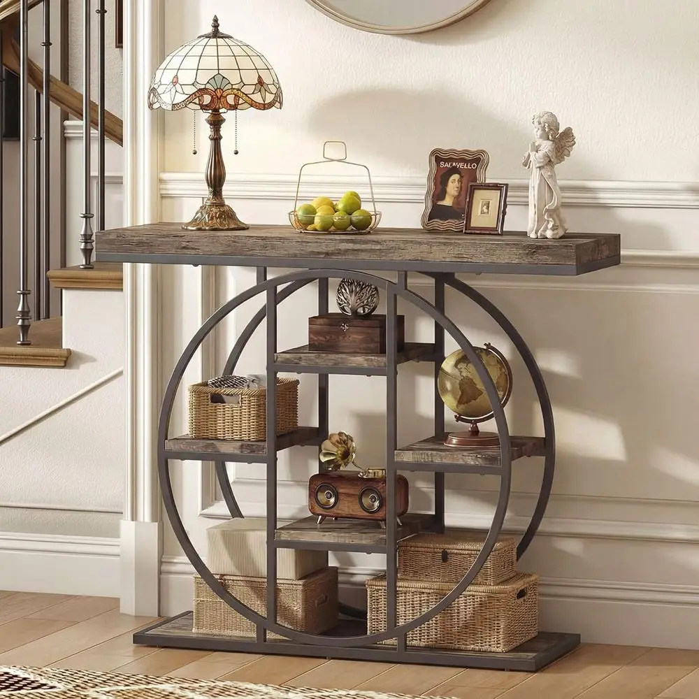 Narrow Rustic Oak Entryway Table with Storage Shelves and Circular Steel Frame
Narrow Rustic Oak Entryway Table with Storage Shelves and Circular Steel Frame
