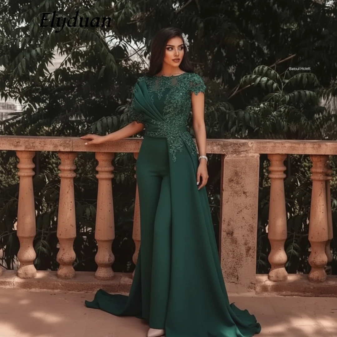 Dark Green Lace Jumpsuit Prom Dress with Train Formal Party Evening Gowns Ruched Pepelum Elegant Formal Wear Customized
Dark Green Lace Jumpsuit Prom Dress with Train Formal Party Evening Gowns Ruched Pepelum Elegant Formal Wear Customized