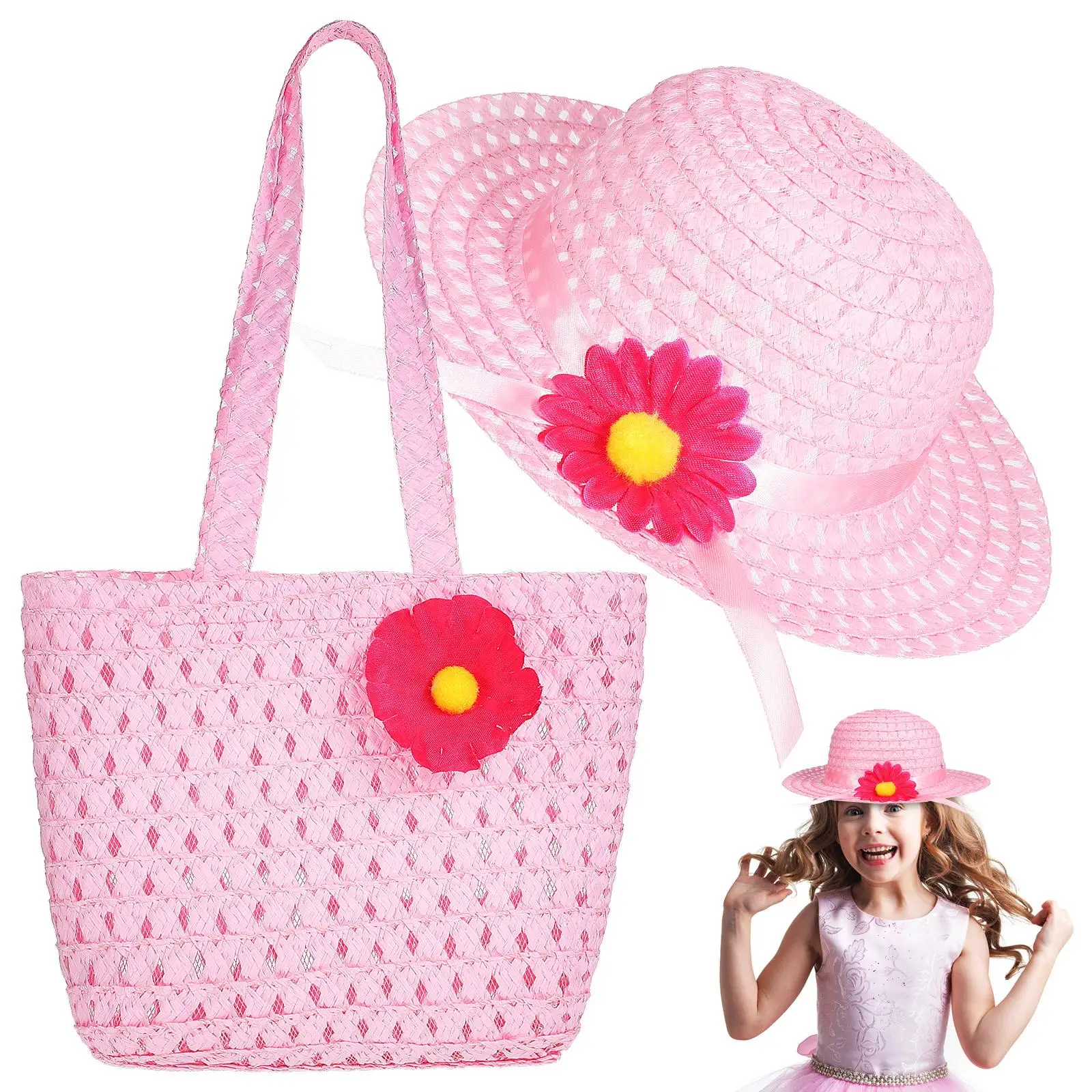 Straw Sun Hat Pink Flower Decor Beach Bag Kids Summer Hats Wide Brim Flat Top Tote Tea Party Girl Child Travel
Straw Sun Hat Pink Flower Decor Beach Bag Kids Summer Hats Wide Brim Flat Top Tote Tea Party Girl Child Travel