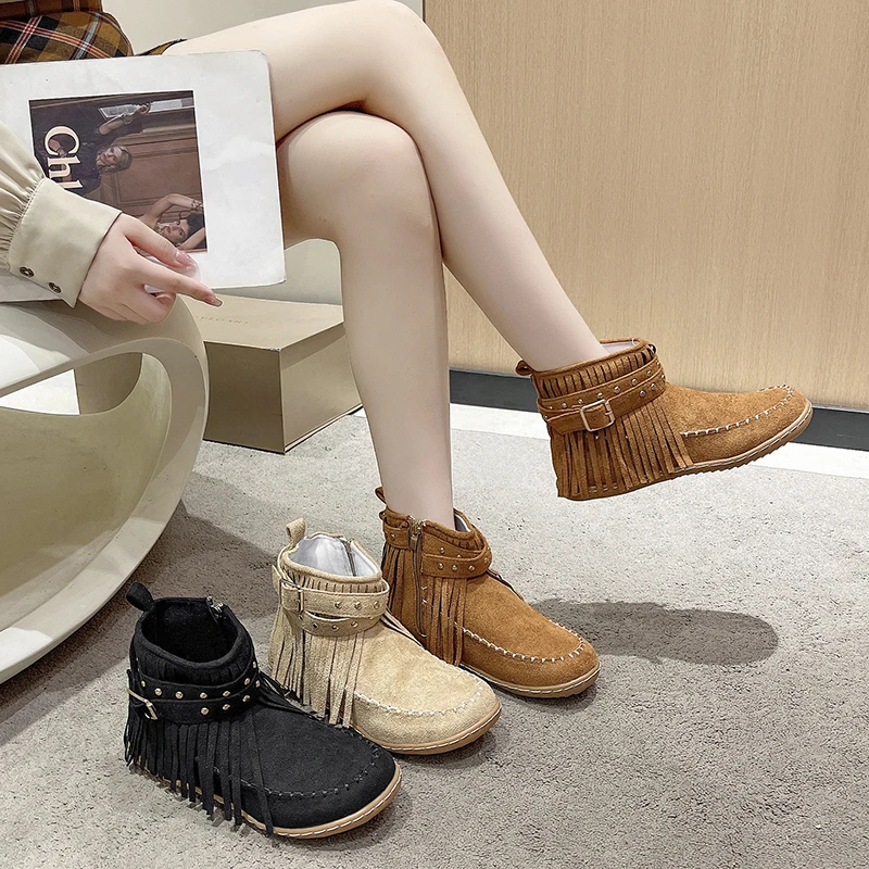 Women's Flat Fringed Ankle Boots - Plus Size, Rivet Detail, Side Zipper, Round Toe (For Export)
Women's Flat Fringed Ankle Boots - Plus Size, Rivet Detail, Side Zipper, Round Toe (For Export)