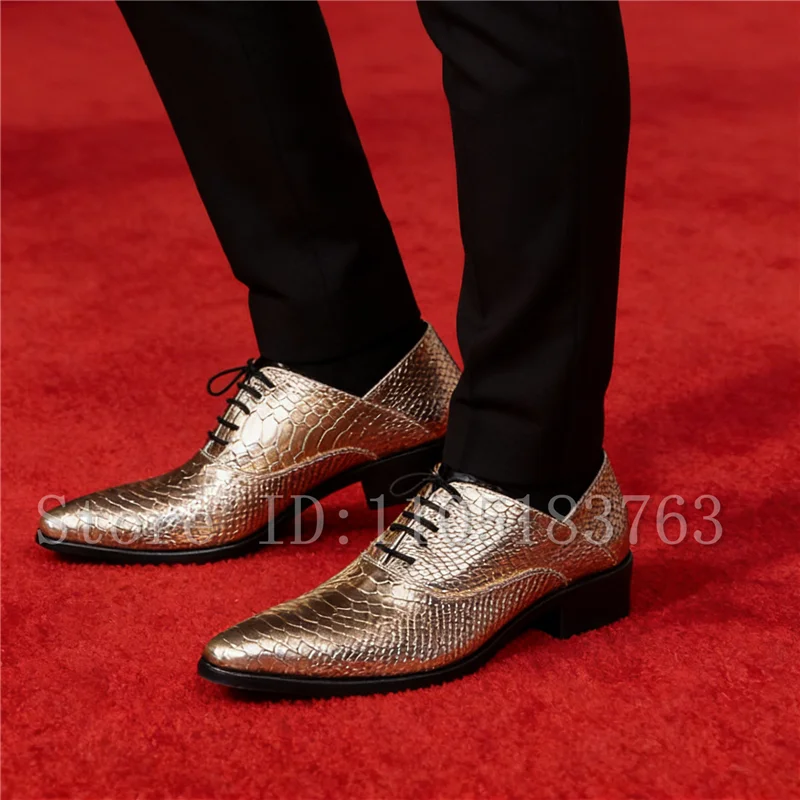 Shiny Golden Silver Crocodile Print High Heel Dress Shoes for Men Pointed Toe Lace-Up Oxfords for Prom & Stage Wear
Shiny Golden Silver Crocodile Print High Heel Dress Shoes for Men Pointed Toe Lace-Up Oxfords for Prom & Stage Wear