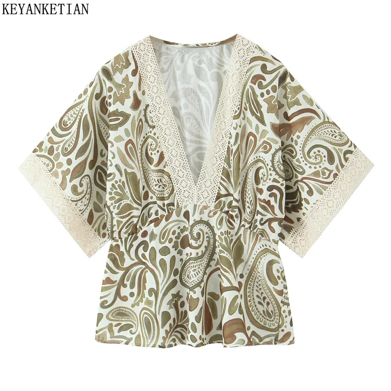 KEYANKETIAN Summer New Ethnic style Paisley Print Kimono Shirt Women's Deep V-neck Batwing Sleeve Loose Pullover Short Blouses
KEYANKETIAN Summer New Ethnic style Paisley Print Kimono Shirt Women's Deep V-neck Batwing Sleeve Loose Pullover Short Blouses