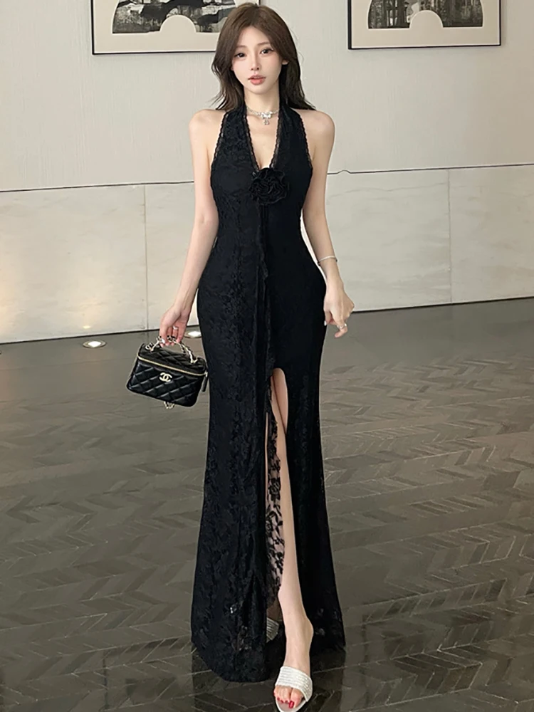Summer Black Lace Jacquard Backless Sexy Neck-mounted Long Dress 2025 Women Korean Vintage Hepburn Luxury Party Evening Dresses
Summer Black Lace Jacquard Backless Sexy Neck-mounted Long Dress 2025 Women Korean Vintage Hepburn Luxury Party Evening Dresses
