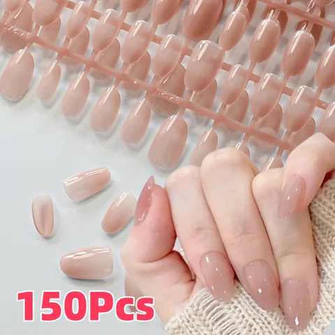 150Pcs Gradient Nude Short Almond Fake Nails XS/S/M Size Glossy Full Cover Press On Nail French False Fingertips for Women Daily