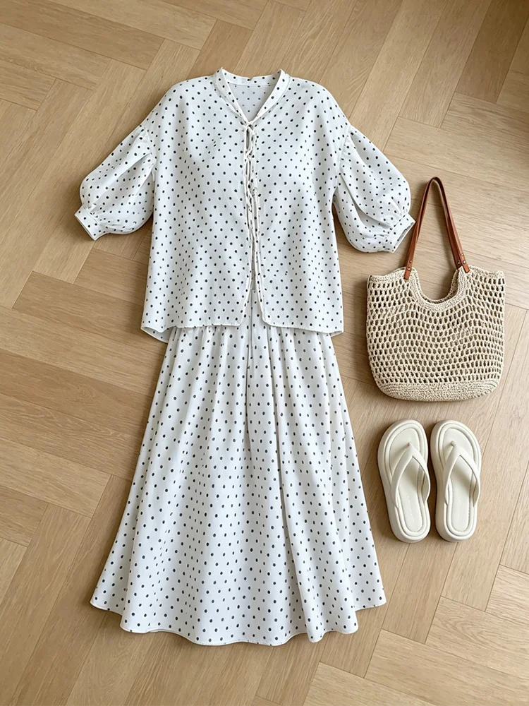 Summer New Polka Dot Bow Tie Casual Anti-Uv Top Women's High Waist A-Line Long Skirt Set Polyester Fiber Lantern Sleeve Shirt
Summer New Polka Dot Bow Tie Casual Anti-Uv Top Women's High Waist A-Line Long Skirt Set Polyester Fiber Lantern Sleeve Shirt