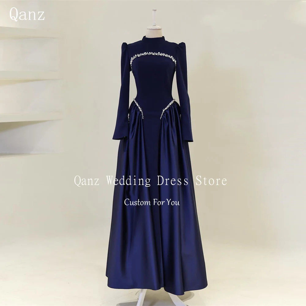 Qanz Dark Blue Satin Evening Dresses Long Sleeves A Line Muslim Formal Prom Gowns Dubai Women's Wedding Party Attire Customized
Qanz Dark Blue Satin Evening Dresses Long Sleeves A Line Muslim Formal Prom Gowns Dubai Women's Wedding Party Attire Customized