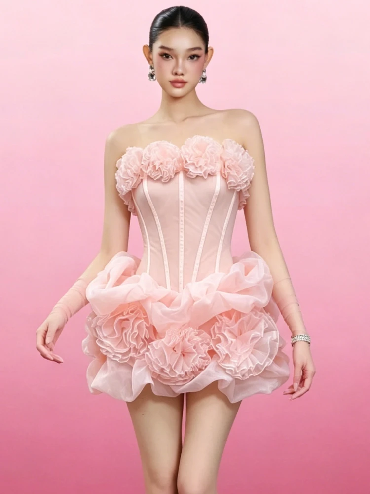 Sexy Strapless Floral Patchwork Corset Mini Dress Women Pink Sleeveless Backless Ruffles Flowers Folds Bubble Dresses Evening Pa
Sexy Strapless Floral Patchwork Corset Mini Dress Women Pink Sleeveless Backless Ruffles Flowers Folds Bubble Dresses Evening Pa