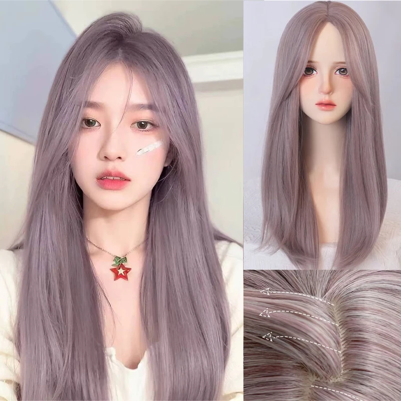 A wig for a woman with long straight hair, side-swept bangs, grayish-purple middle parted long hair, and a full head cover
A wig for a woman with long straight hair, side-swept bangs, grayish-purple middle parted long hair, and a full head cover
