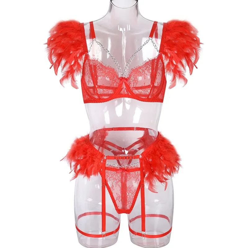 Feathers Lingerie Set Woman 3 Pieces Delicate Underwear Sexy Transparent Lace Bra Set with Chain Garter Patchwork Ladies 8 Color
Feathers Lingerie Set Woman 3 Pieces Delicate Underwear Sexy Transparent Lace Bra Set with Chain Garter Patchwork Ladies 8 Color