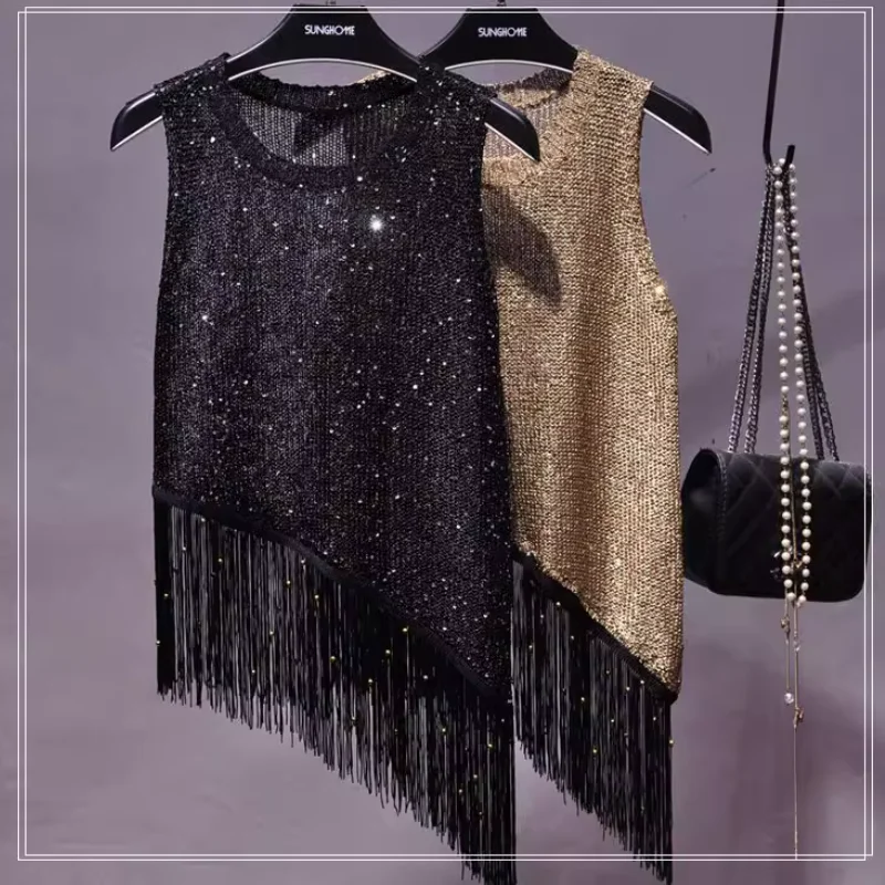 Женский летний жилет без рукавов с кисточками и блестками, вязаный топ из бисера
Женский летний жилет без рукавов с кисточками и блестками, вязаный топ из бисера