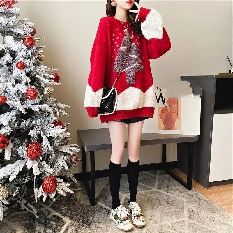 Women Knitwear Fashion Lazy Christmas Style Knit Sweater Retro New Year Red Women Autumn Winter Soft Pullover Knitwear
Women Knitwear Fashion Lazy Christmas Style Knit Sweater Retro New Year Red Women Autumn Winter Soft Pullover Knitwear 
