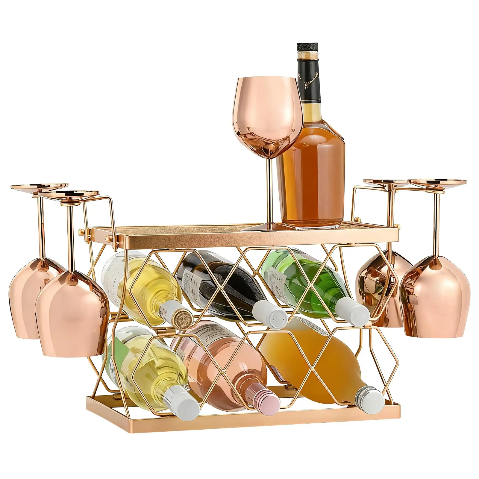 Copper-Tone Countertop Wine Organizer With 6-Bottle Capacity And 4 Glass Holders, Freestanding Metal Rack For Kitchen Or Bar
Copper-Tone Countertop Wine Organizer With 6-Bottle Capacity And 4 Glass Holders, Freestanding Metal Rack For Kitchen Or Bar