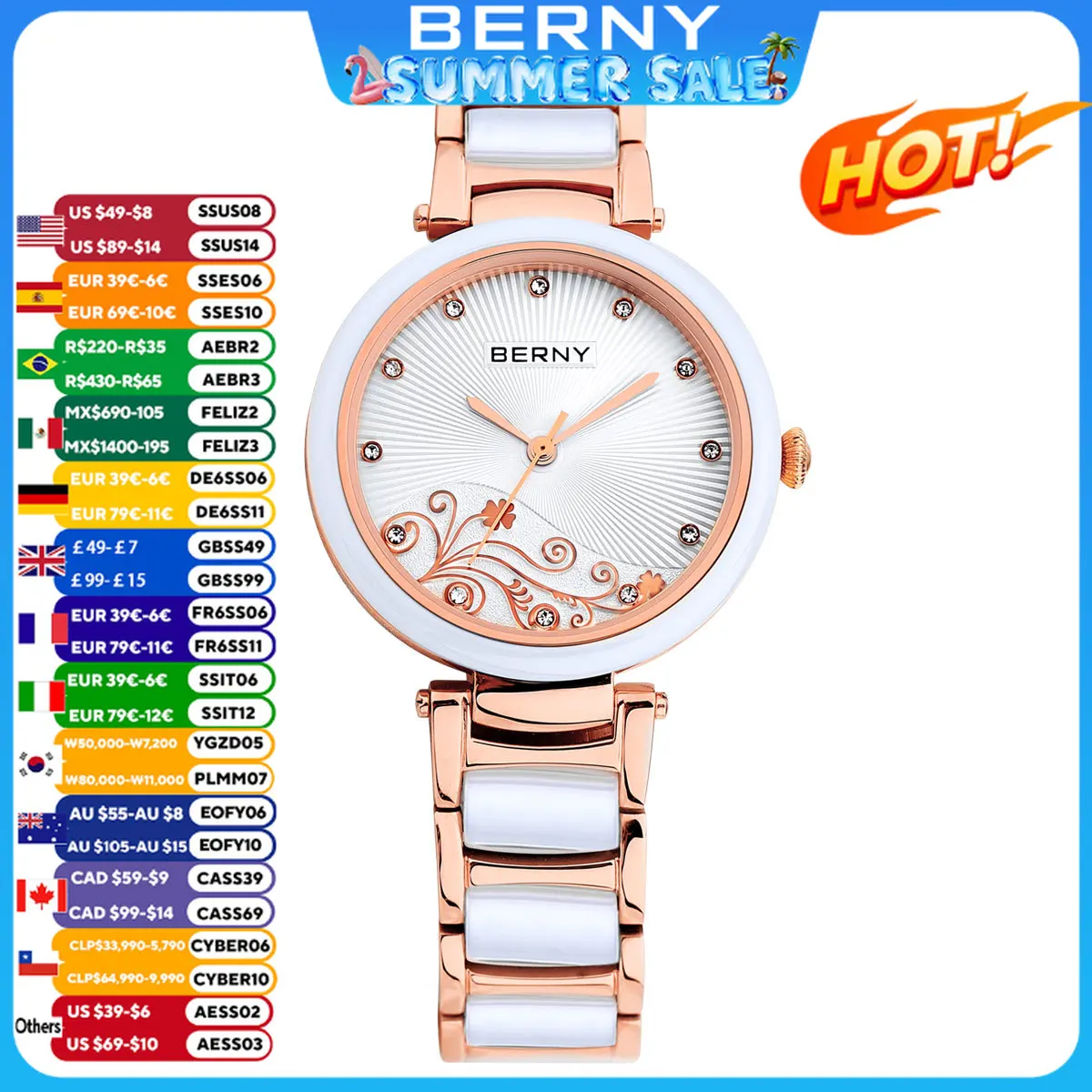 BERNY Women Quartz Watch Luxury Ceramic Band Elegant Ladies Morning Glory Design Waterproof Relogio Feminino Reloj Wristwatches
BERNY Women Quartz Watch Luxury Ceramic Band Elegant Ladies Morning Glory Design Waterproof Relogio Feminino Reloj Wristwatches