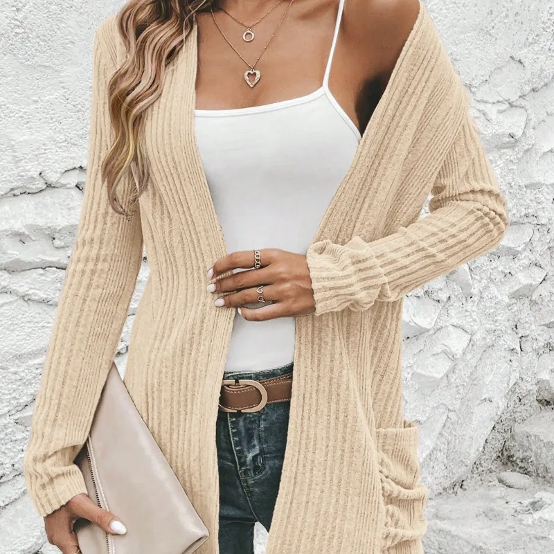 Spring and Autumn Striped Brushed Knit Cardigan Solid Color Slim-fit Jacket Long-sleeved Spliced jacket with Pockets for Women
Spring and Autumn Striped Brushed Knit Cardigan Solid Color Slim-fit Jacket Long-sleeved Spliced jacket with Pockets for Women