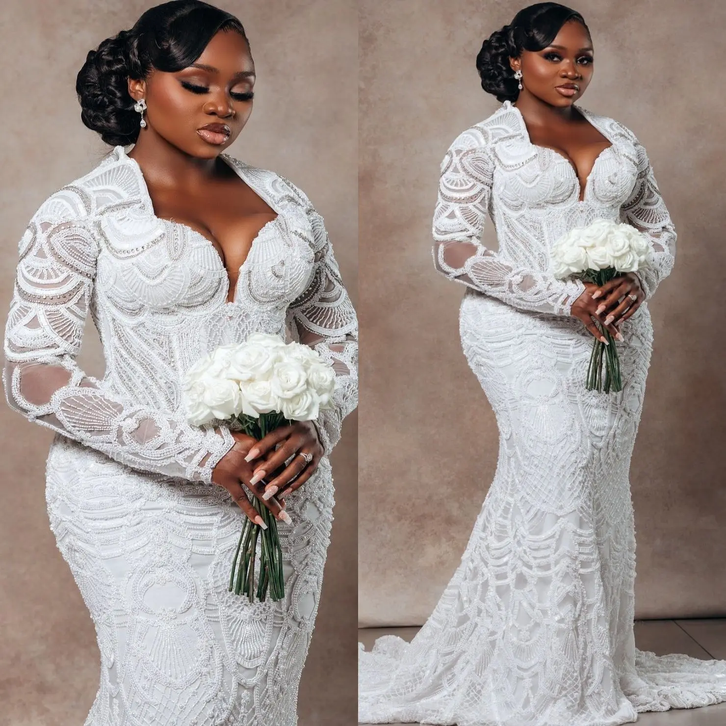 Customized Plus Size White Mermaid Wedding Dresses Crystals Beaded Lace Full Sleeves Vintage Bridal Gowns Dress
Customized Plus Size White Mermaid Wedding Dresses Crystals Beaded Lace Full Sleeves Vintage Bridal Gowns Dress