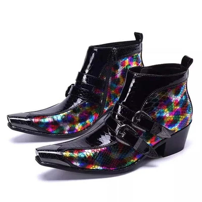 Multicolored Fluorescent Snake Leather Ankle Boots Iron Toe Metal Belt Buckle Strap Block Heels Men's Formal Shoes
Multicolored Fluorescent Snake Leather Ankle Boots Iron Toe Metal Belt Buckle Strap Block Heels Men's Formal Shoes