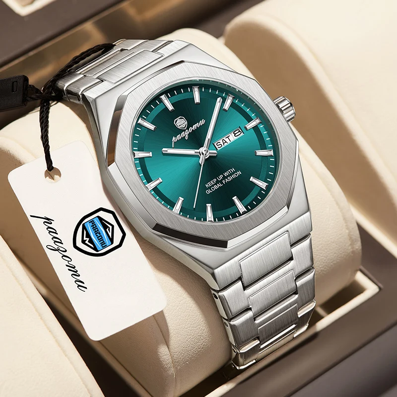PAAZOMU Men's Luxury Quartz Watch, Green Dial Stainless Steel Band, Dual Date Waterproof Business Wristwatch for Gentlemen
PAAZOMU Men's Luxury Quartz Watch, Green Dial Stainless Steel Band, Dual Date Waterproof Business Wristwatch for Gentlemen