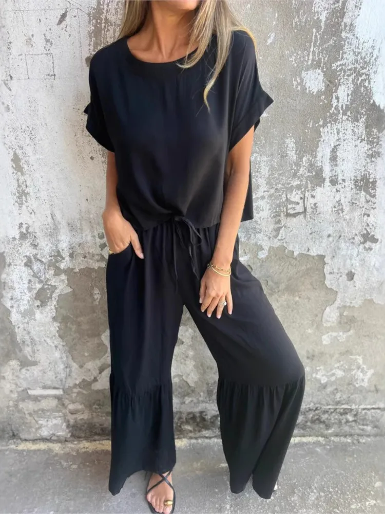 Casual Solid Set Lady O-Neck Short Sleeve Pullover Tops Ruffles Wide Leg Pants Two Piece Sets For Women Summer Womens Clothing
Casual Solid Set Lady O-Neck Short Sleeve Pullover Tops Ruffles Wide Leg Pants Two Piece Sets For Women Summer Womens Clothing