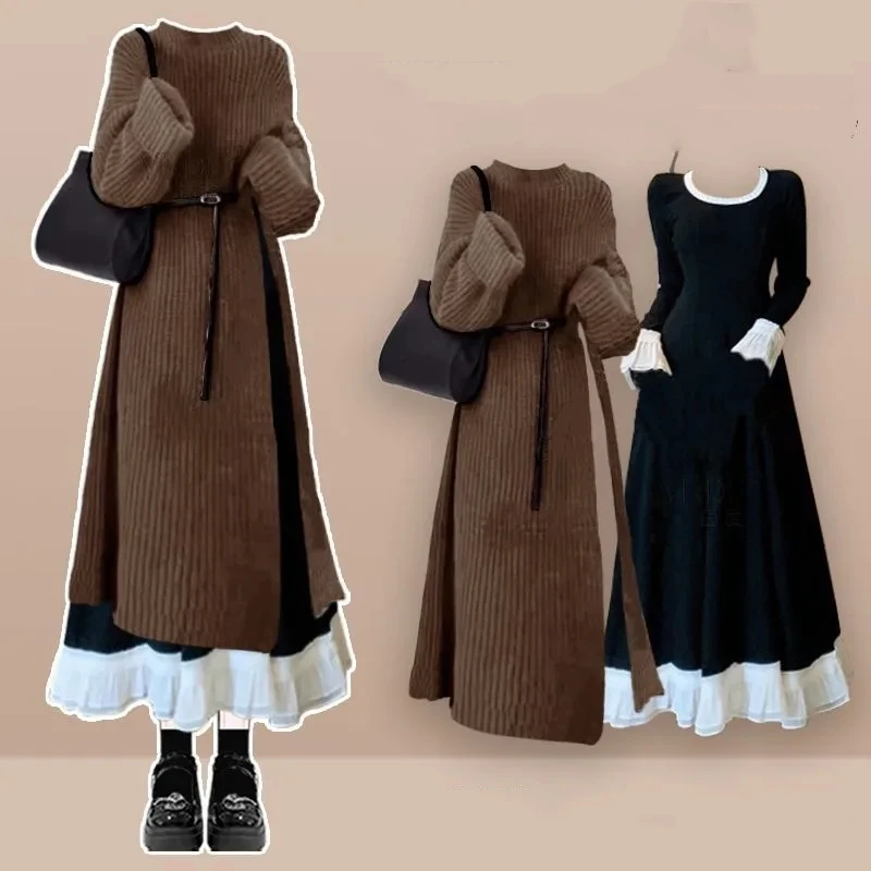 Women Autumn Winter French Retro Long Sweater with Waistbelt Dress 1 or Two Piece Set Lady Graceful Split Knit Tops Dresses Suit
Women Autumn Winter French Retro Long Sweater with Waistbelt Dress 1 or Two Piece Set Lady Graceful Split Knit Tops Dresses Suit