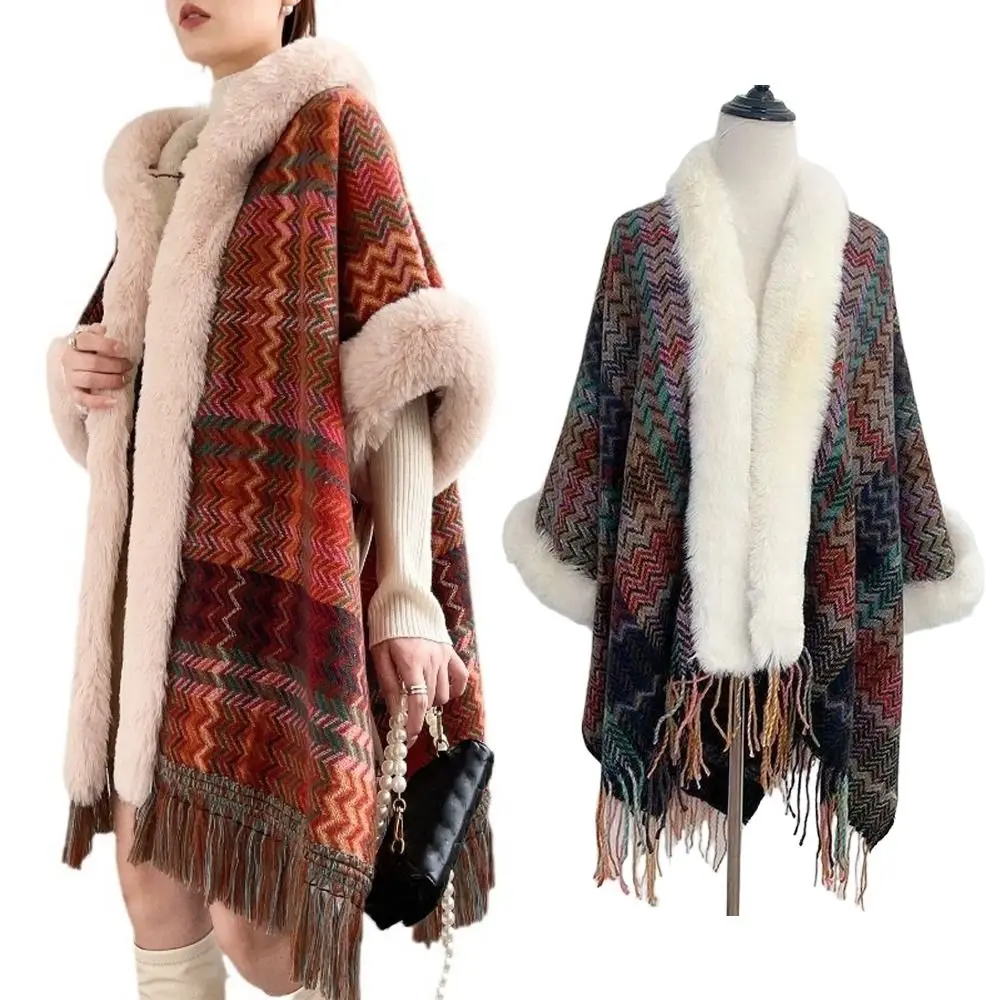 Winter Warm Faux Fur Collar Shawl Striped Artificial Wool Mongolian Poncho Ethnic Style Cardigan Tassel Shawl for Autumn Winter
Winter Warm Faux Fur Collar Shawl Striped Artificial Wool Mongolian Poncho Ethnic Style Cardigan Tassel Shawl for Autumn Winter