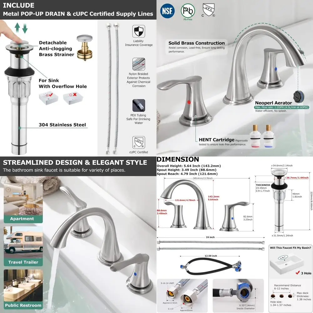 Double Handle Bathroom Faucet with Metal Pop-Up Drain and cUPC Lines, Brushed Nickel, Demeter 13647
Double Handle Bathroom Faucet with Metal Pop-Up Drain and cUPC Lines, Brushed Nickel, Demeter 13647