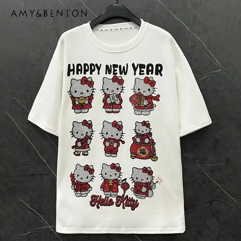 New Year Heavy Industry Rhinestone Cartoon Thickened Short Sleeved Tees Women Loose Casual Mid-Length Sweet Top O-Neck Pullover
New Year Heavy Industry Rhinestone Cartoon Thickened Short Sleeved Tees Women Loose Casual Mid-Length Sweet Top O-Neck Pullover