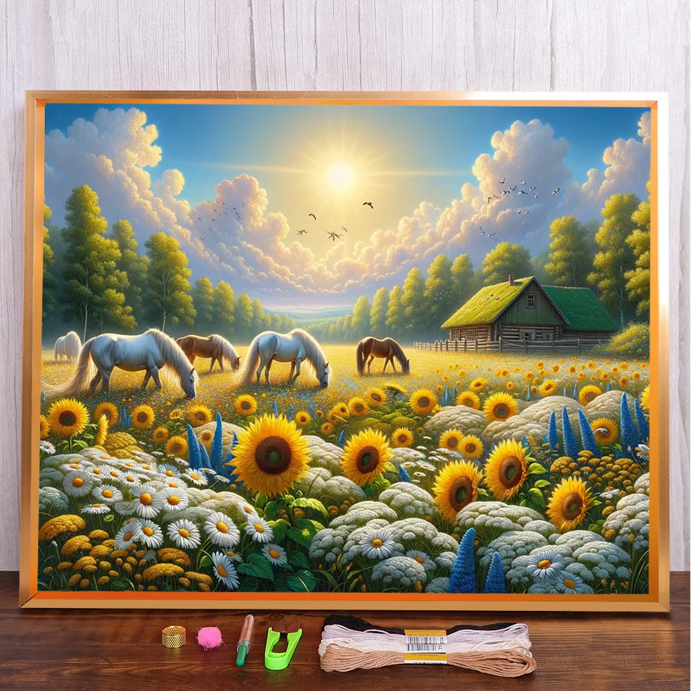 Sunflower Horse Landscape Pre-Printed Cross Stitch Embroidery Full Kit Needlework Craft Hobby Sewing Jewelry For Adults Stamped
Sunflower Horse Landscape Pre-Printed Cross Stitch Embroidery Full Kit Needlework Craft Hobby Sewing Jewelry For Adults Stamped