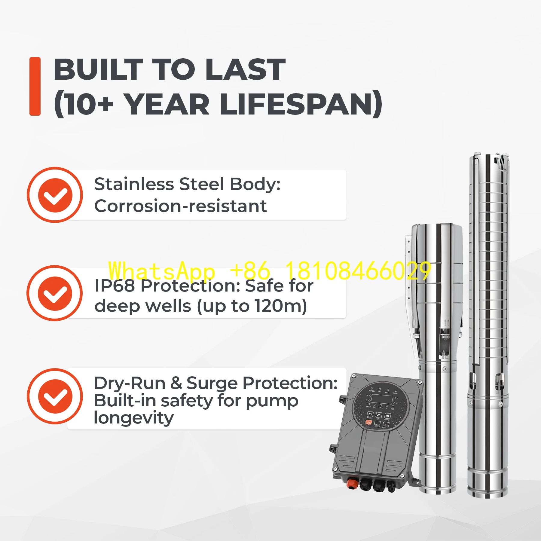 Погружные водяные насосы для глубоких скважин с питанием, 4 дюйма, 3 л.с., 255 м, 5,2 м3/ч, солнечные
Погружные водяные насосы для глубоких скважин с питанием, 4 дюйма, 3 л.с., 255 м, 5,2 м3/ч, солнечные