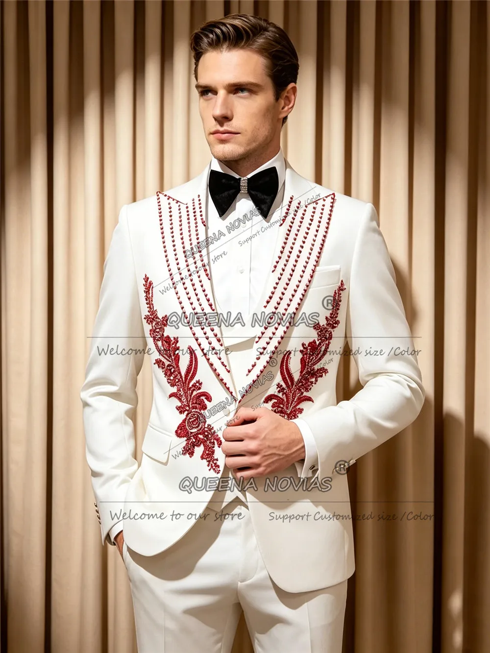 Sparkly Wedding Suits For Man Red Beaded Appliques Prom Blazer Vest Pants 3 Pieces Groom Tuxedos Customized Man Business Outfits
Sparkly Wedding Suits For Man Red Beaded Appliques Prom Blazer Vest Pants 3 Pieces Groom Tuxedos Customized Man Business Outfits