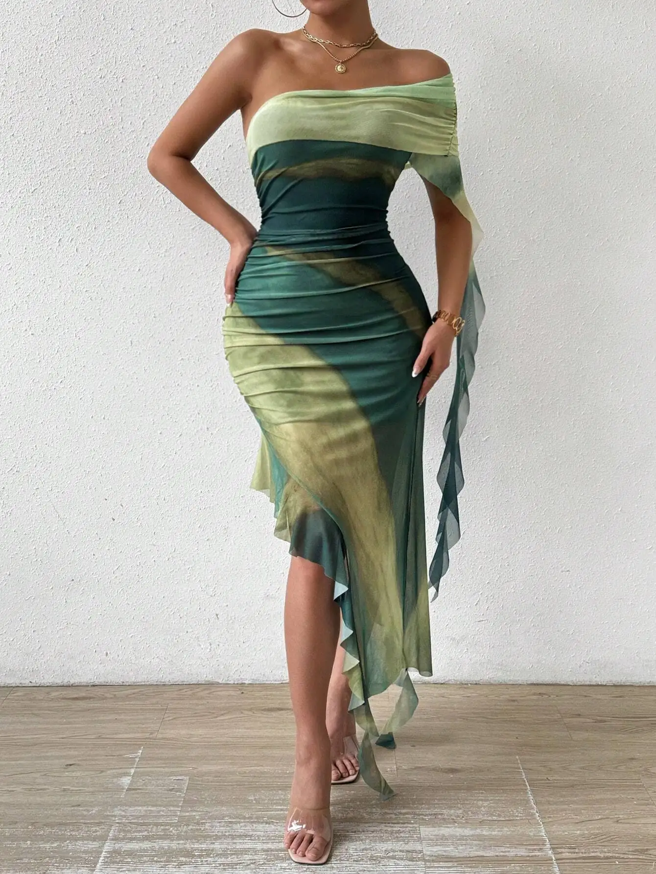 Ombre Print One Shoulder Ruched Ruffle Trim Maxi Dress
Ombre Print One Shoulder Ruched Ruffle Trim Maxi Dress