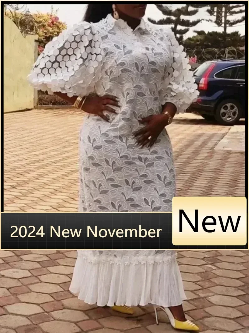 Customized White African Wedding Party Dresses for Women Lace Turn Down Collar Puff Sleeves Pleated Hem Midi Dress Luxury Occasi
Customized White African Wedding Party Dresses for Women Lace Turn Down Collar Puff Sleeves Pleated Hem Midi Dress Luxury Occasi