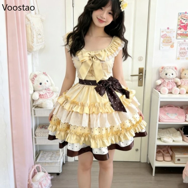 Women Kawaii Polka Dot Print Bow Ruffles Cake Dresses Girls Cute Tea Party Mini Dress Japanese Sweet Lolita Style Princess Dress
Women Kawaii Polka Dot Print Bow Ruffles Cake Dresses Girls Cute Tea Party Mini Dress Japanese Sweet Lolita Style Princess Dress