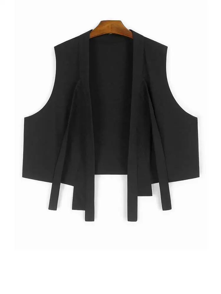 Женский черный короткий элегантный жилет с нерегулярным подолом большого размера, новый модный жилет без рукавов с v-образным вырезом, весна-осень 
Женский черный короткий элегантный жилет с нерегулярным подолом большого размера, новый модный жилет без рукавов с v-образным вырезом, весна-осень