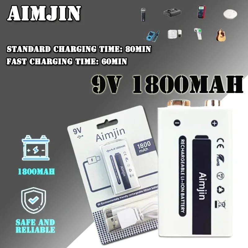 High-capacity 9V 1800mAh Li-ion Rechargeable Micro USB Battery 9.2v ,for Multimeter Microphone Toy Remote Control
High-capacity 9V 1800mAh Li-ion Rechargeable Micro USB Battery 9.2v ,for Multimeter Microphone Toy Remote Control