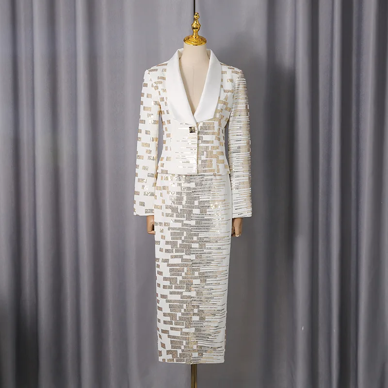 White Gold Sequins Women Suits Skirt Set 2 Pcs Blazer Short Mini Prom Dress Formal Office Lady Wedding Birthday Evening Gown
White Gold Sequins Women Suits Skirt Set 2 Pcs Blazer Short Mini Prom Dress Formal Office Lady Wedding Birthday Evening Gown