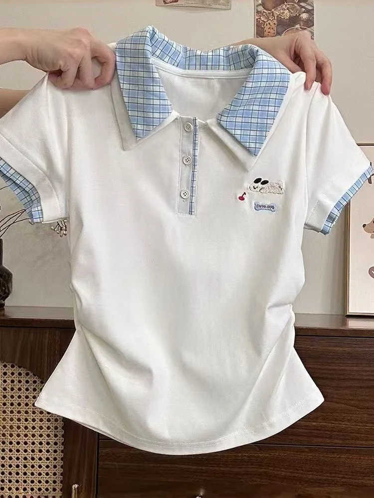 Cartoon Embroidered Contrast Color Plaid Collared Short Sleeve T-Shirt Women's Slim Fit Pure Cotton Summer Waist Cinched Plea...
Cartoon Embroidered Contrast Color Plaid Collared Short Sleeve T-Shirt Women's Slim Fit Pure Cotton Summer Waist Cinched Plea...