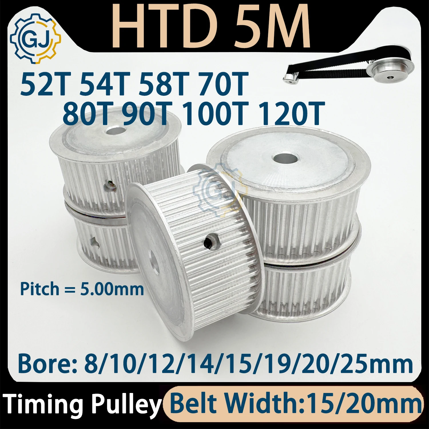 HTD 5M Timing Pulley 52T 54T 58T 70T 80T 90T 100T 120Teeth Synchronous Belt Wheel Width 15/20mm Bore 4mm-20mm Transmission Part
HTD 5M Timing Pulley 52T 54T 58T 70T 80T 90T 100T 120Teeth Synchronous Belt Wheel Width 15/20mm Bore 4mm-20mm Transmission Part