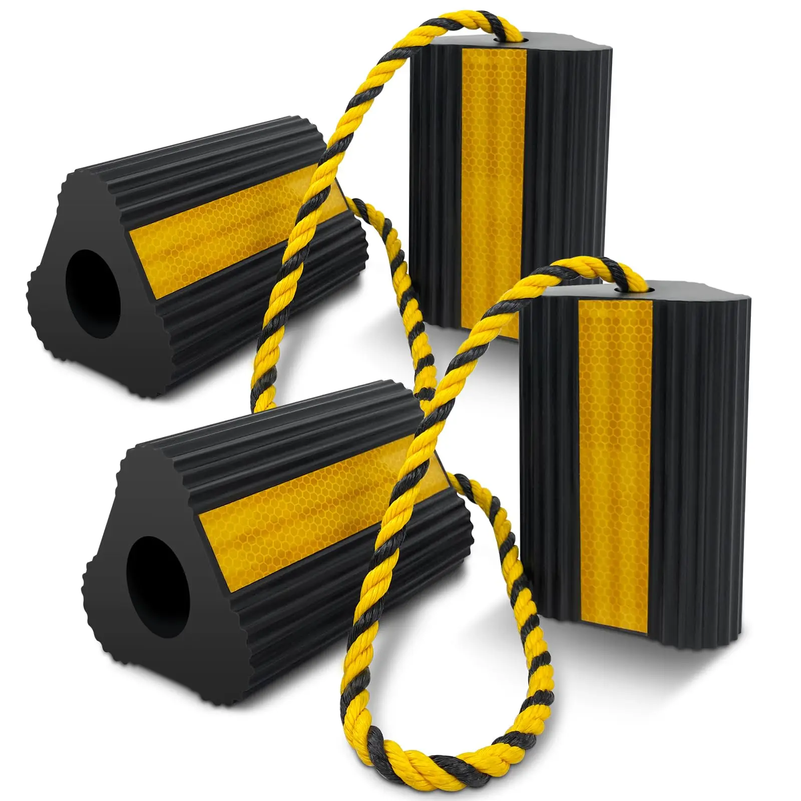 Heavy Duty Rubber Wheel Chocks 4-Pack With Reflective Stripes And Rope For RV, Trailer, Truck, Car, Aircraft
Heavy Duty Rubber Wheel Chocks 4-Pack With Reflective Stripes And Rope For RV, Trailer, Truck, Car, Aircraft