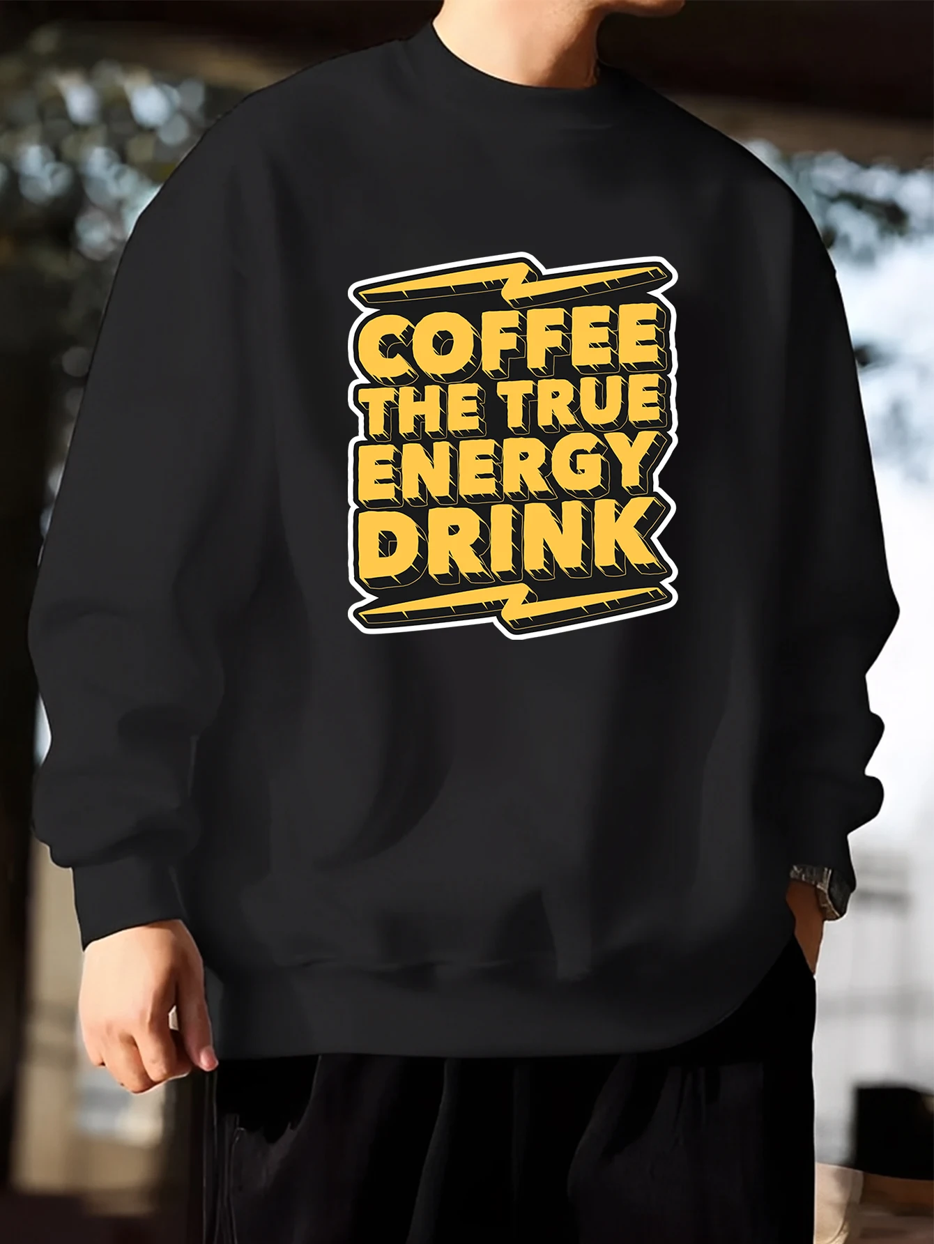 Coffee lover sweater, black, large text COFFEE real energy drink, pattern print, casual wear
Coffee lover sweater, black, large text COFFEE real energy drink, pattern print, casual wear