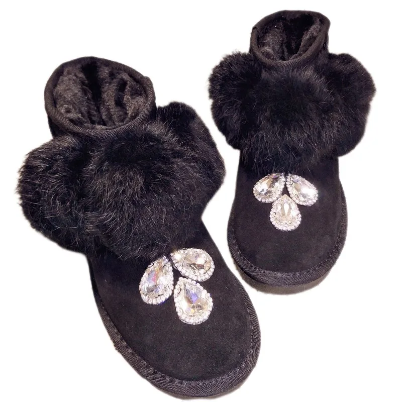 Black Cow Suede Women Ankle Boots Handmade Rhinestones Real Rabbit Fur Sweet Ladies Snow Boots Thicken Plush Warm Winter Shoes
Black Cow Suede Women Ankle Boots Handmade Rhinestones Real Rabbit Fur Sweet Ladies Snow Boots Thicken Plush Warm Winter Shoes